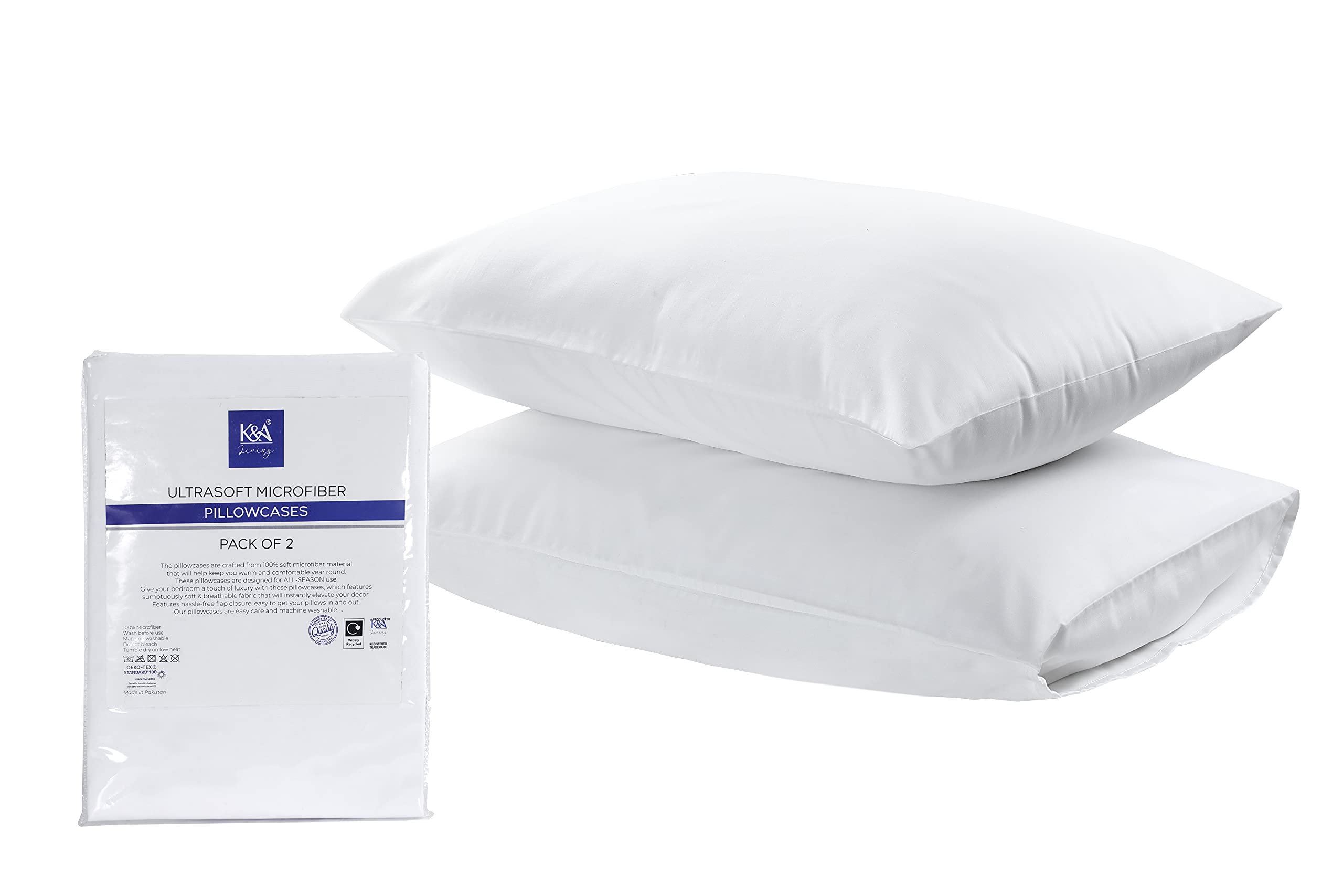 K&A® Pillow Cases 2 Pack | Ultra Soft Brushed Microfiber Pillow Covers | Hypoallergenic and Breathable | UK Standard 48x74 CM (White)