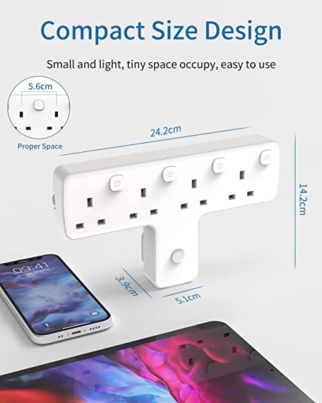 Mscien Multi Plug Adaptor, Plug Extension with Independent Switches, 4 Way Plug Adapter UK Built-in Surge Protector, 4 in 1 Wall Socket Plug Extender with 180 Degree Rotation Button