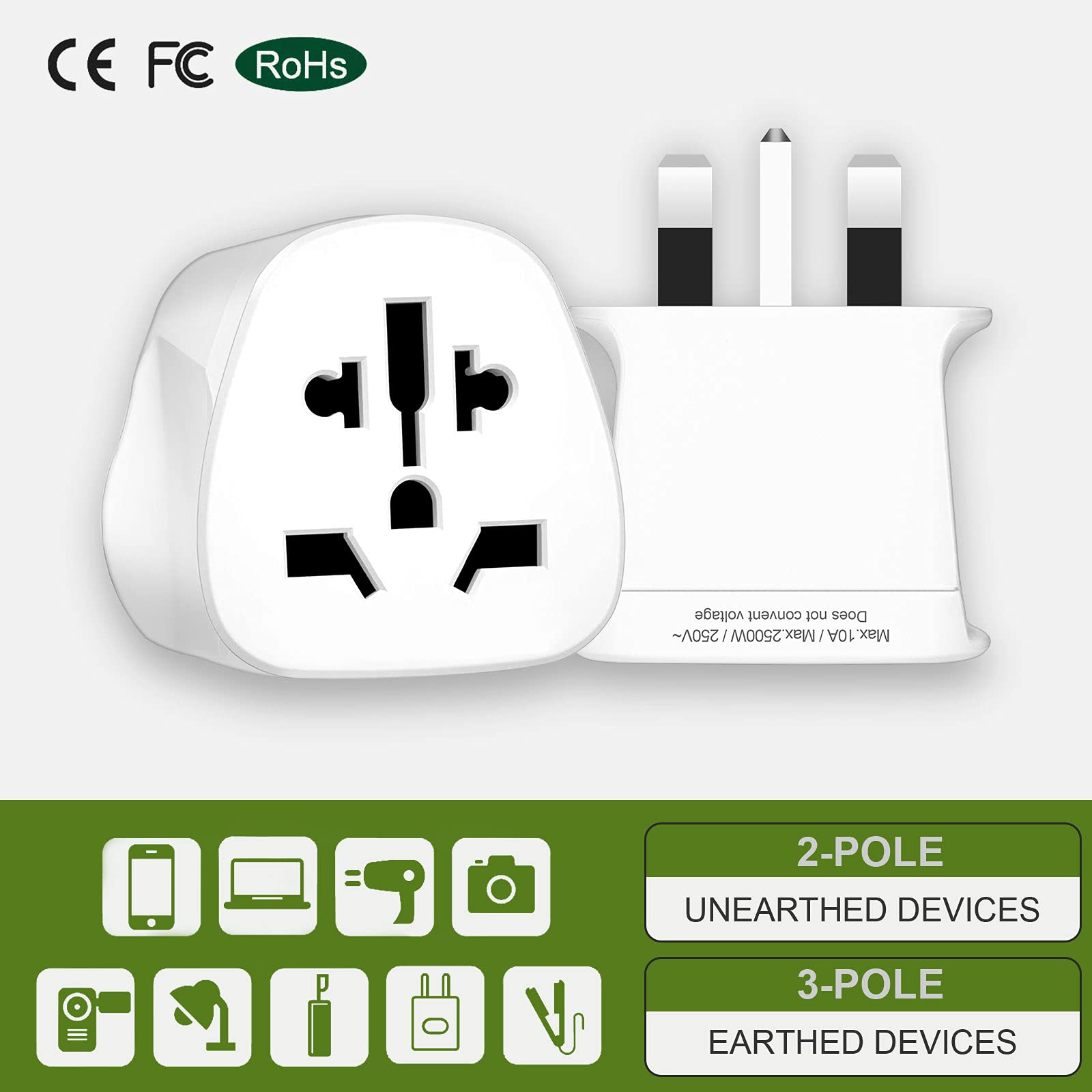 World to UK Adapter Plug, Visitor from USA/Europe/China/Australia to 3 Pin UK 10A Fuse Travel Adapter Plug, for Shaver/Toothbrush Shaver/Toothbrush/and Other Electronic Equipment