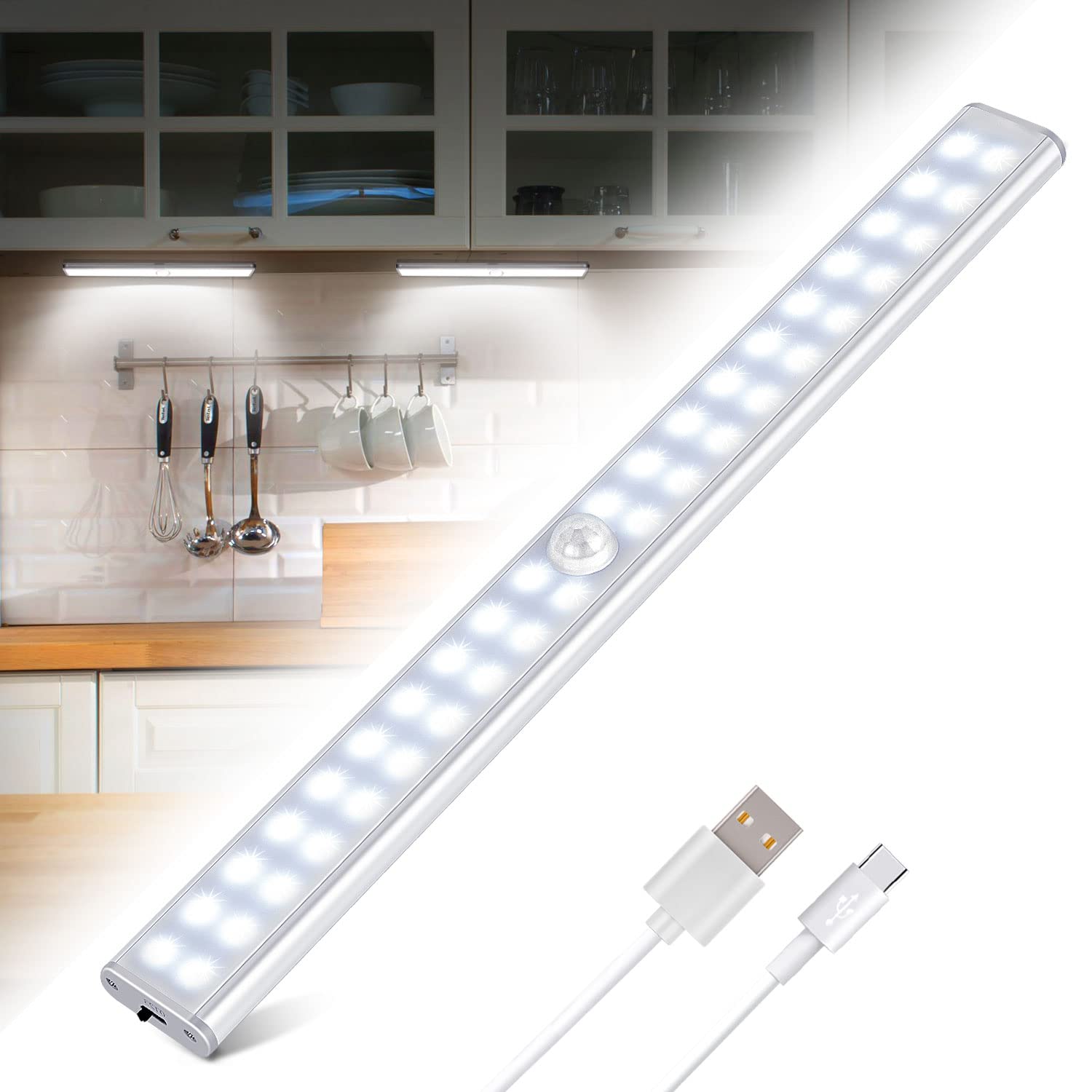 Under Motion Sensor Cabinet Lights, 40LED USB Rechargeable Closet Light with Stick-On Magnetic Strip for Wardrobe, Closet, Cabinet, Kitchen, Cupboard (White, 4 Modes)