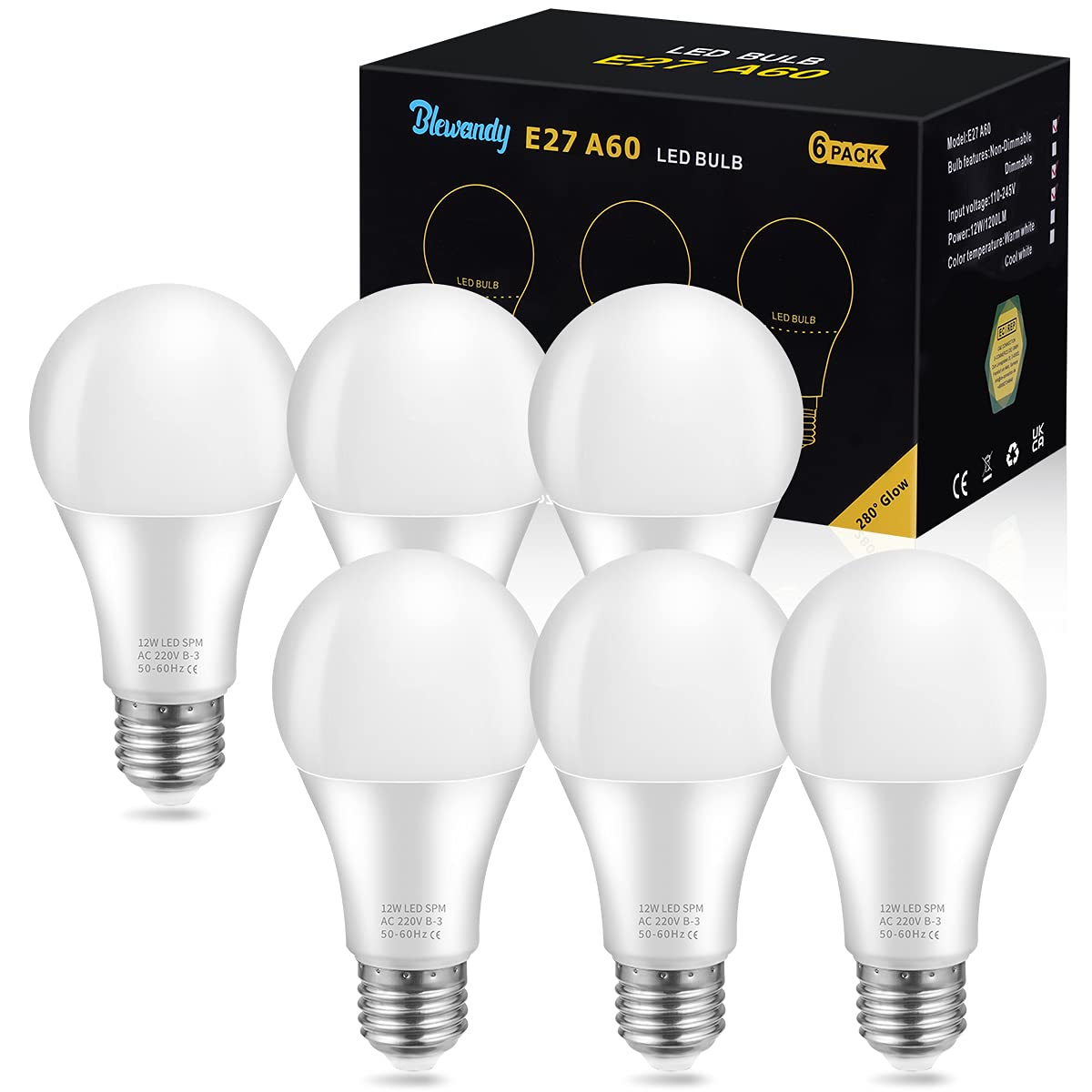 E27 Screw Bulb, 12W E27 LED Bulb Equivalent to 100W Incandescent, 1200Lumen Super Bright ES LED Bulbs Cool White 6500K, A60 GLS Energy Saving Edison Screw in Lightbulbs, Non-dimmable, Pack of 6