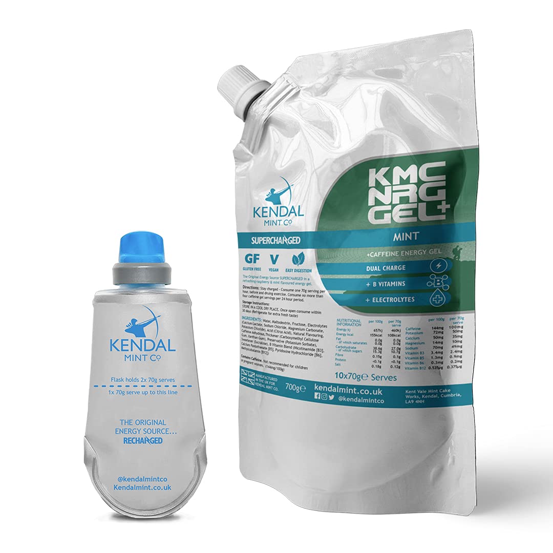 KMC NRG Gel+ Caffeine Energy Gel Refill Pouch (10x70g Serves) & 150ml Flask | Refreshing Citrus & Mint, Vegan, Gluten Free