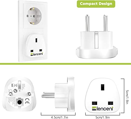 LENCENT 2X UK to EU Euro Europe Plug Adapter, Grounded European Travel Adapter for Spain Germany France Portugal Greece Russia Netherlands Turkey and more (Type E/F)
