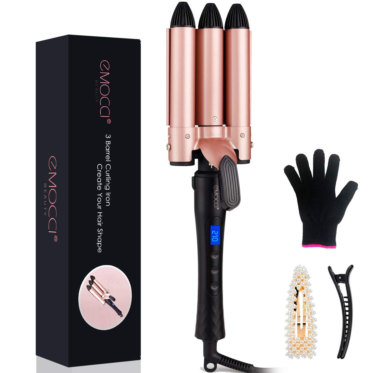 3 Barrel Hair Waver Curler Beach Waves Mermaid Hair Curling Wand Tongs with LCD Display Tourmaline Ceramic Fast Heating Deep Curly Crimpers Iron for Girls Women Hair Care Styling Tools (Rose)