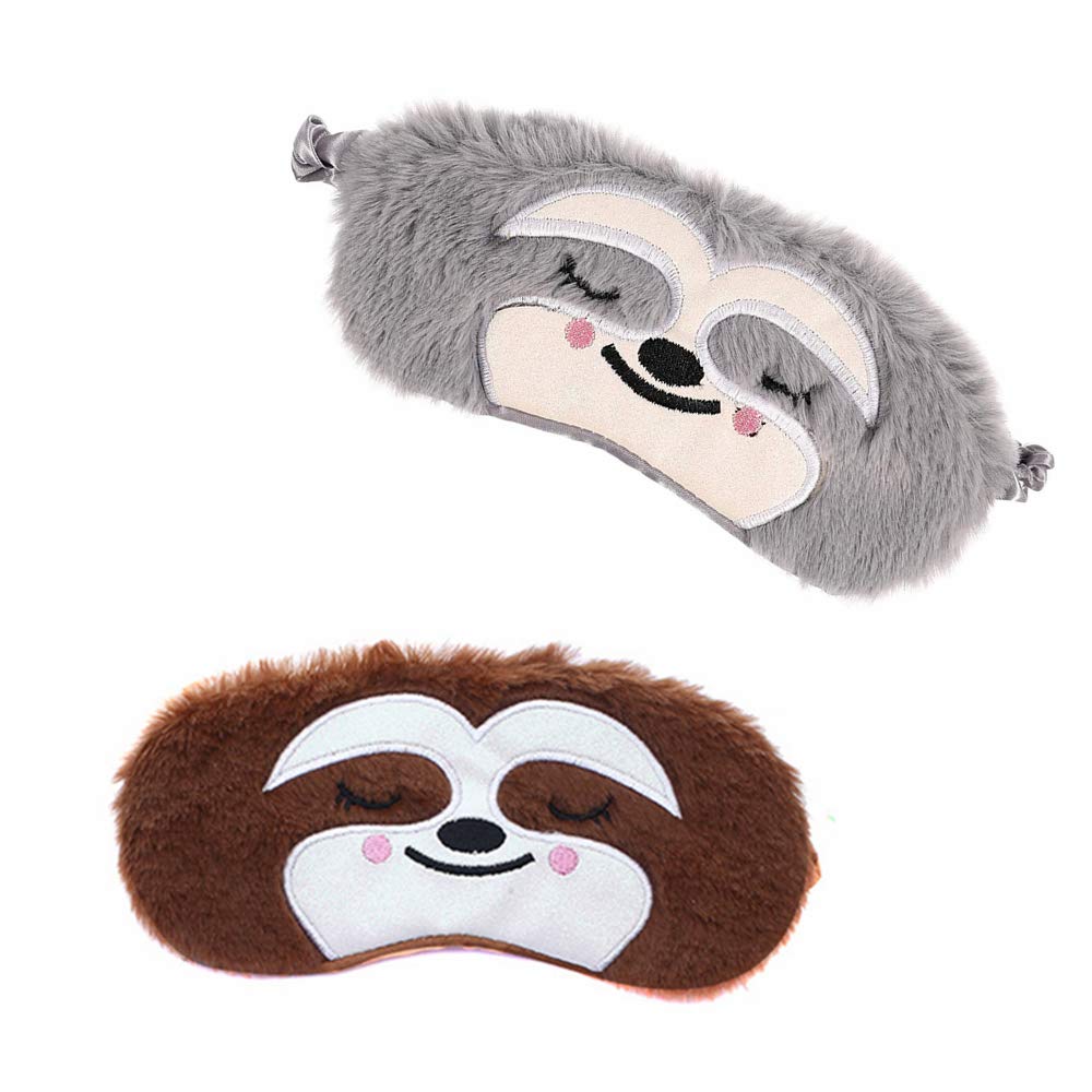 2 Pieces Funny Blindfold Fluffy Soft Silk Plush Sloth Sleep Eye Mask Travel Blindfold for Girls Boys Women Men Kids Home Sleeping Traveling ( Grey Brown )