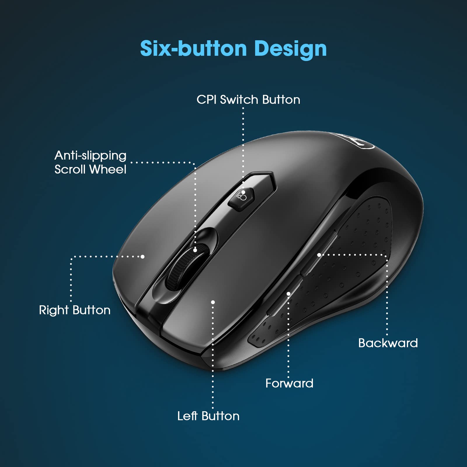Lionsing Wireless Mouse ,2.4GHz Optical Computer Mouse with USB Receiver, 5 Adjustable DPI Levels, 6 Buttons Cordless Mouse for Laptop , PC, Computer, Desktop,Notebook,Macbook,Chromebook , Black