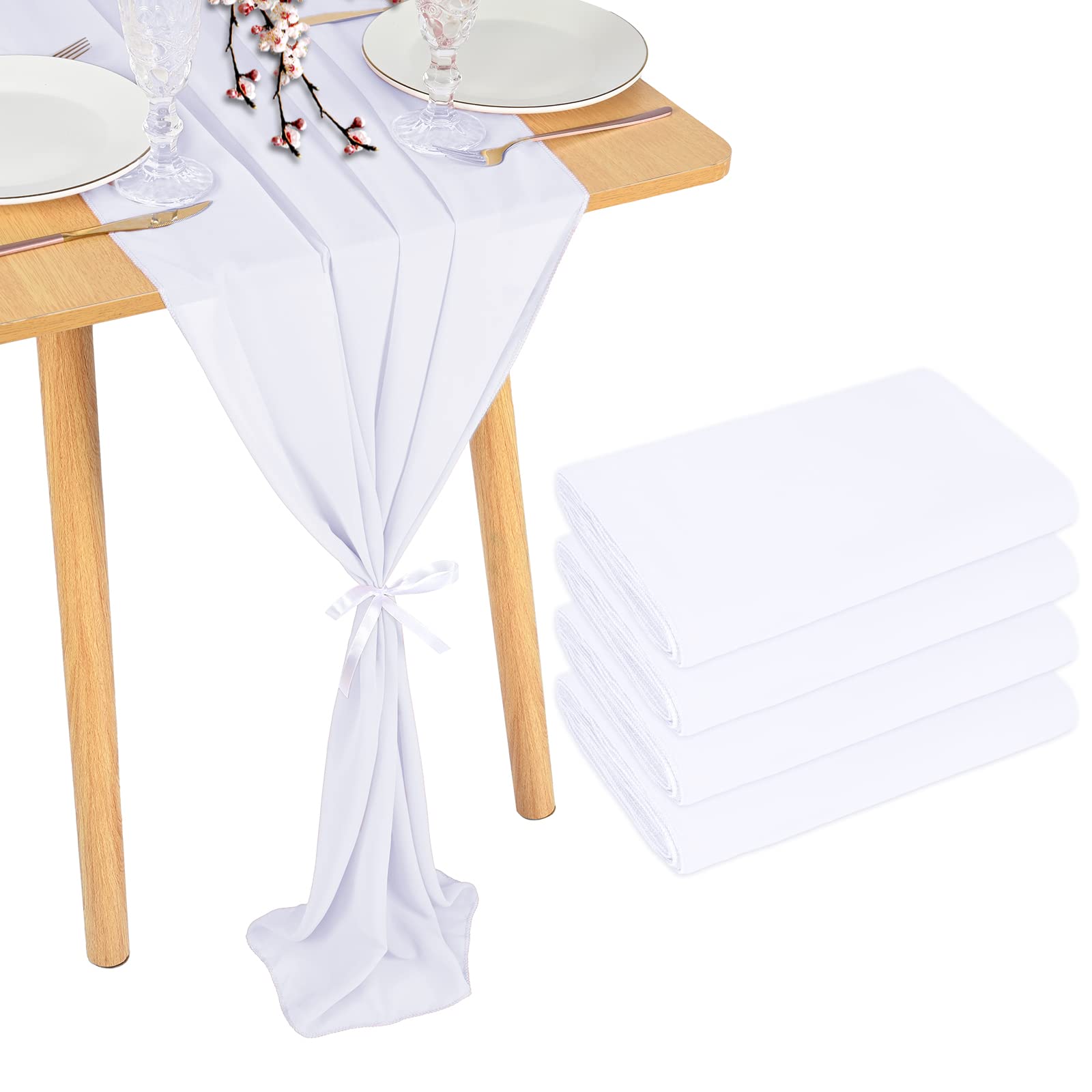 Pesonlook 4Pcs White Chiffon Table Runner 28x120Inches Wedding Table Runner 10FT Table Runners Birthday Party Table Runner Decorations for Holiday,Baby Shower Decorations,Wedding Table Runners Decor