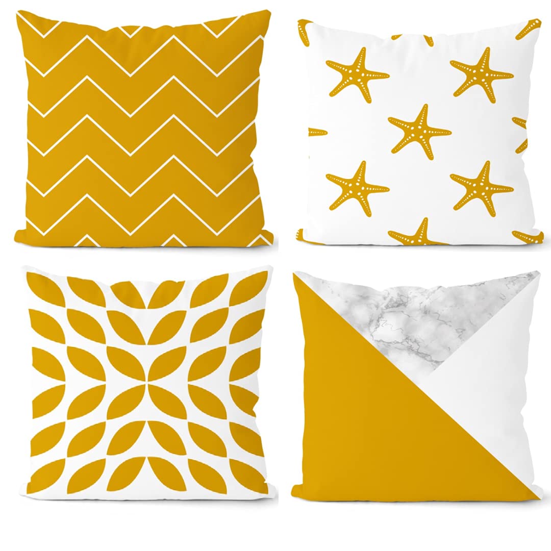 eBoutik - Set of 4 Co-ordinated Design Square Pillow Cushion Covers - Stylish Decor for Living Room or Bed Rooms - (Yellow)