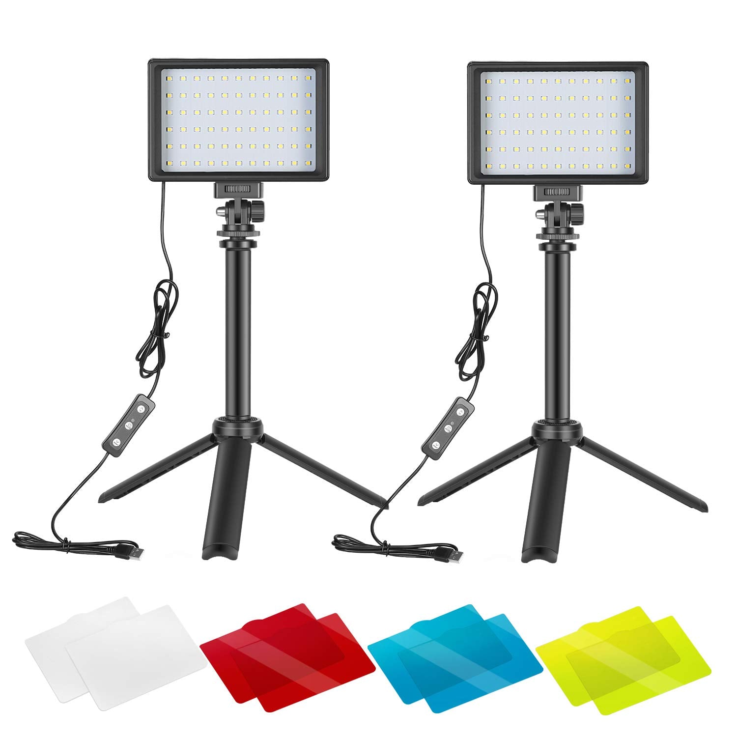 NEEWER 2 Packs Portable Photography Lighting Kit Dimmable 5600K USB 66 LED Video Light with Mini Adjustable Tripod Stand and Color Filters for Table Top/Low Angle Photo Video Studio Shooting