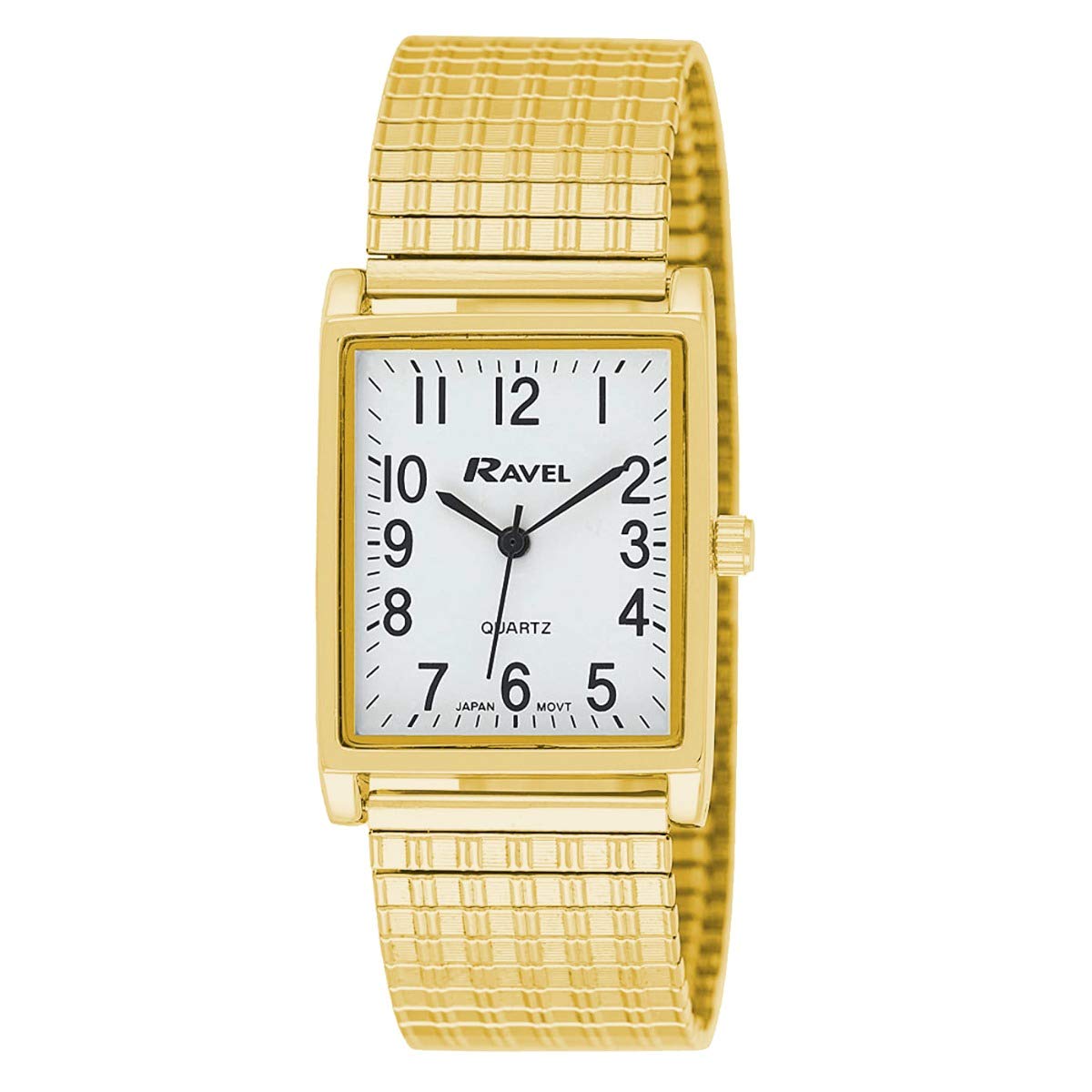 Ravel Gents White Rectangle Dial Goldtone Expander Bracelet Strap Dress Watch R0220.01.1