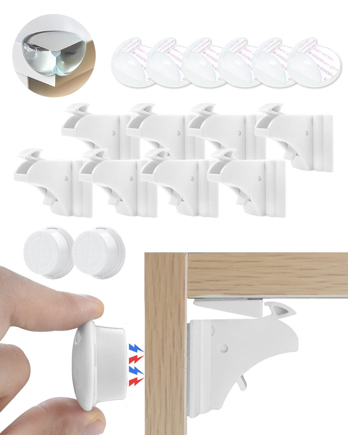Trongle Safety Magnetic Cupboard Child Locks, 8 Locks 2 Keys 6 Corner Protector, Child Safety Cupboard Locks, Child Door Locks No Screws or Drilling, Easy Install, for Cupboards, Drawers and Fridge