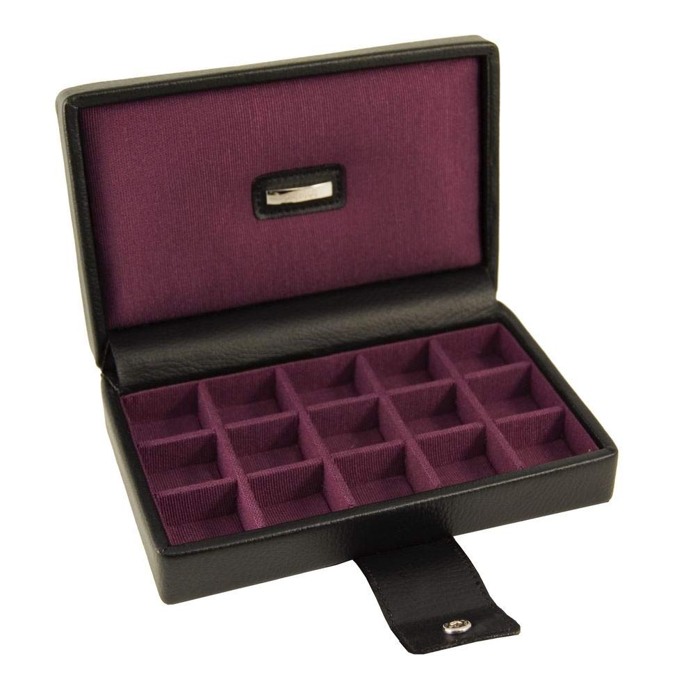 Dulwich Designs 'Park Lane' Classic Genuine Leather 15 section Cufflink Box, Executive Black with Purple Grosgrain Lining