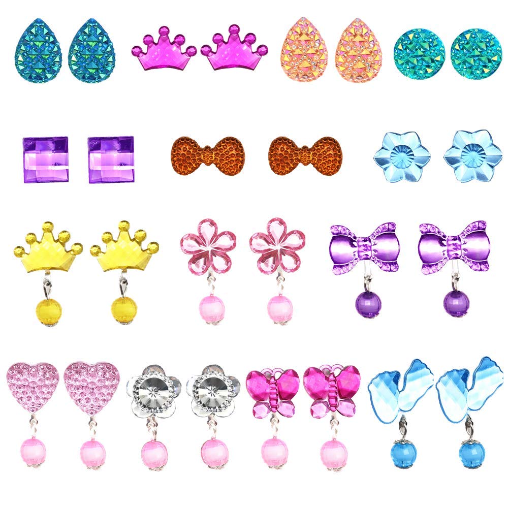 Mannli Crystal Clip On Earrings for Girls, 14 Pairs Kids Jewelry Dress Up Earrings and Princess Play Earrings Set in Box
