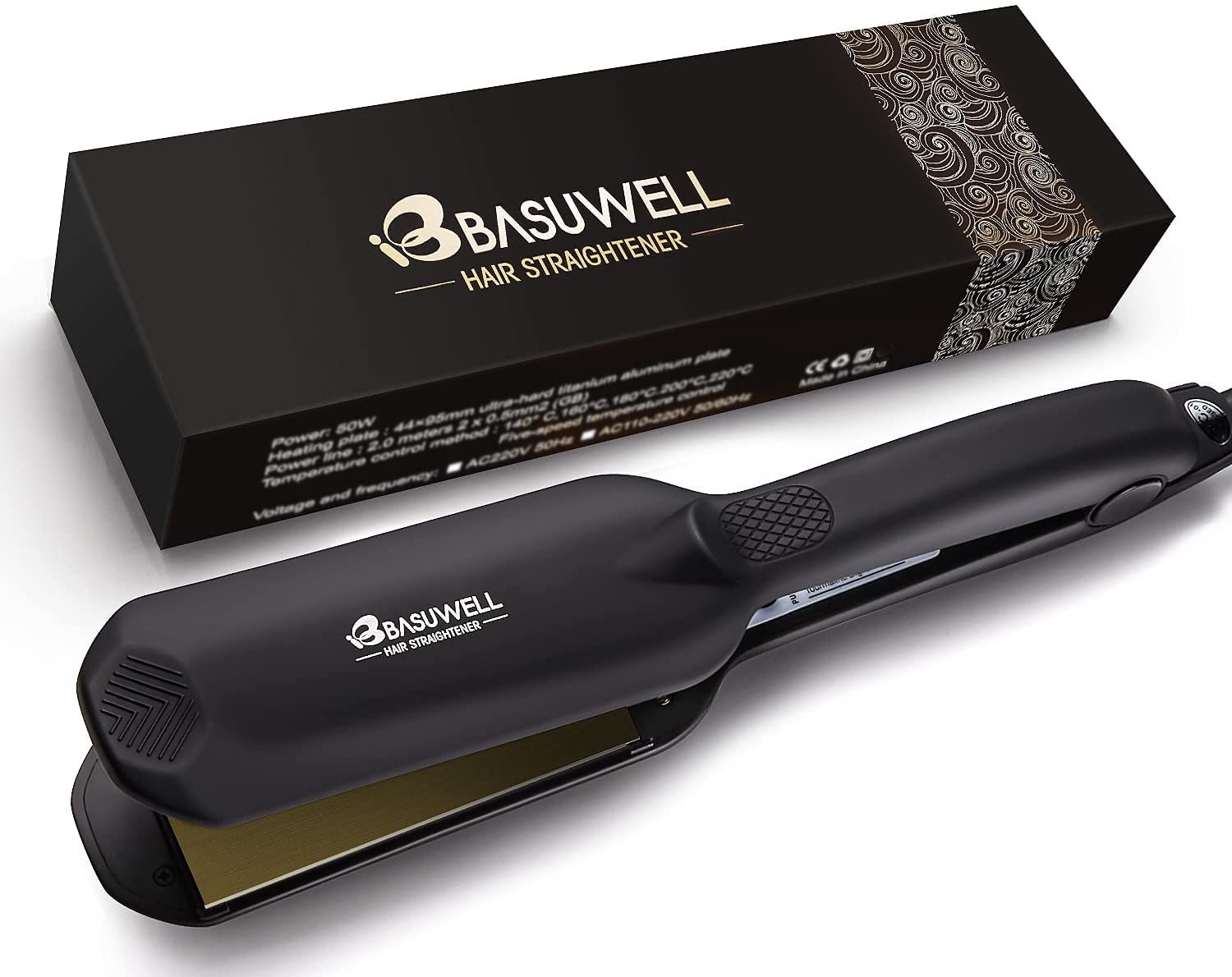 Basuwell Professional Hair Straighteners Wide Plates for Thick Hair Five-Speed Temperature Control Voltage Salon Fast Hair Styler UK Plug, Black