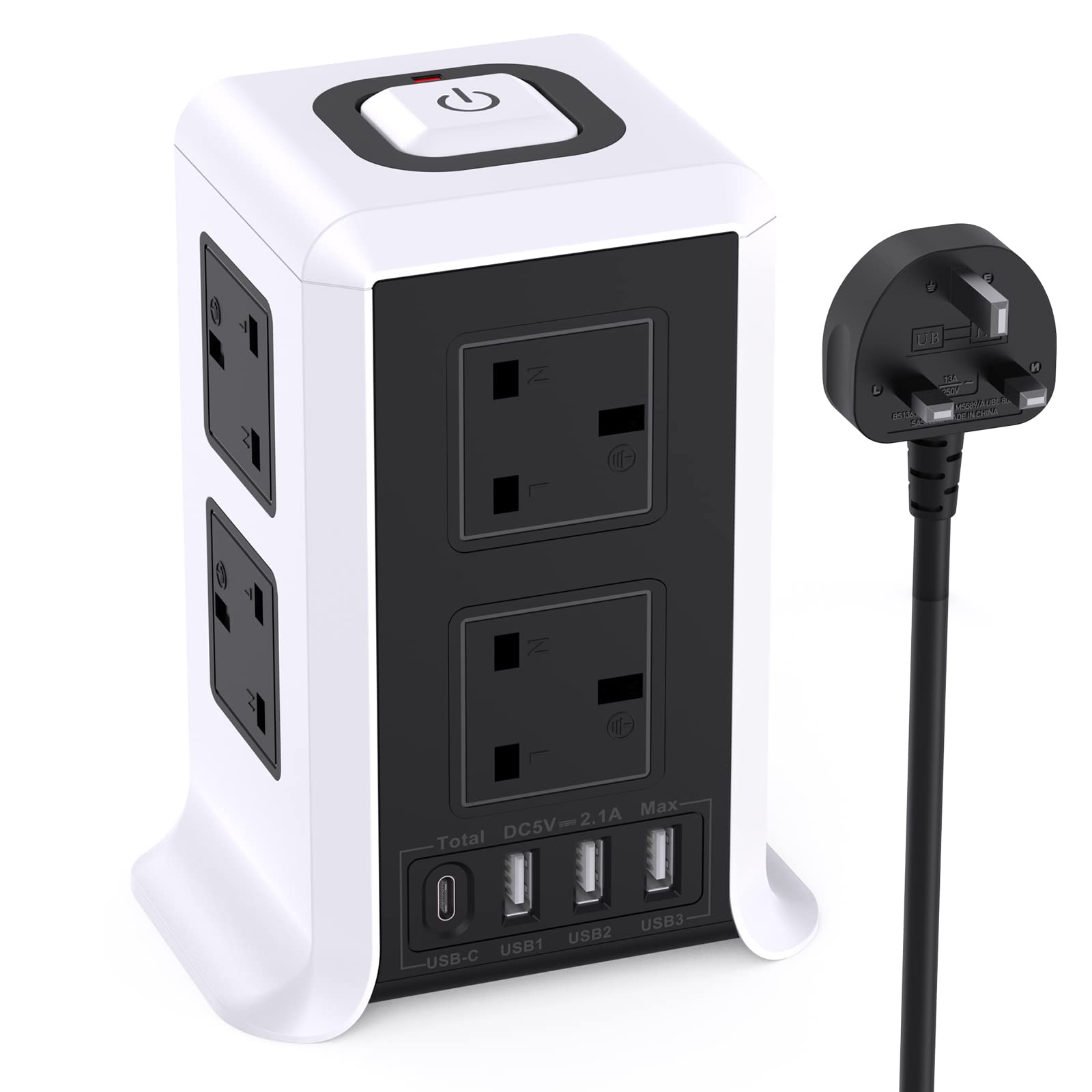 Extension Lead with USB Slots, 3USB-A and 1 Type-C Port and 8 Outlets Surge Protector Extension Lead, Tower Charing Station for Home and Office, White