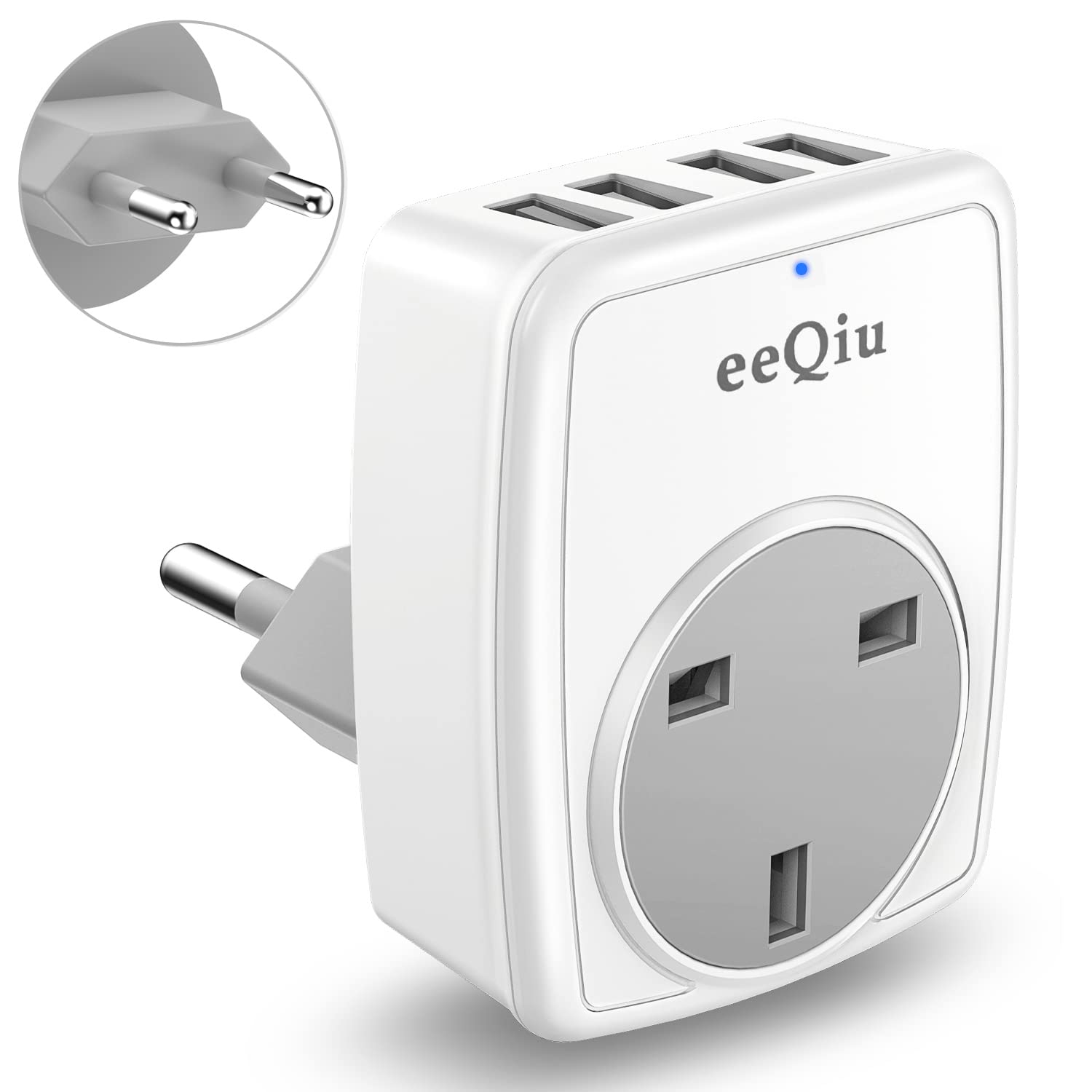 UK to EU Euro Europe Plug Adapter with 4 USB Ports, eeQiu 5 IN 1 European Travel Adapter for Italy Switzerland Turkey Germany Spain Iceland Greece Portugal Russia Netherlands and more (Type C)
