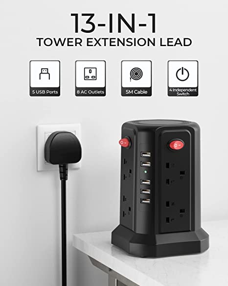 Tower Extension Lead with USB Solts, 8 Outlets and 5A 4 USB Charging Ports Surge Protected Power Strip with 5 Metre Long Extension Cord, Tower Charing Station for Home and Office