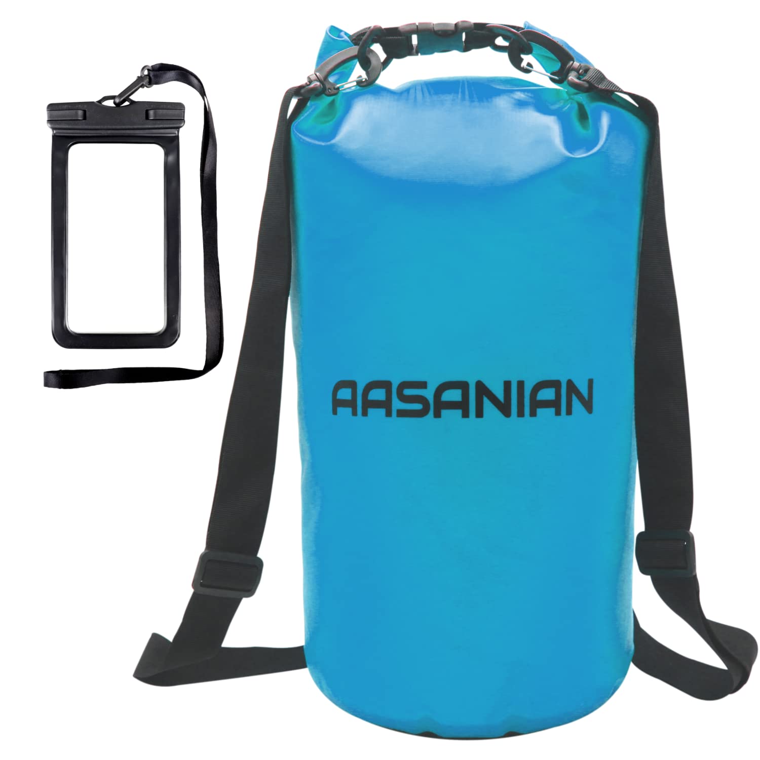 AASANIAN Dry Bag - 10L Dry Bags Waterproof for Kayak and Paddle Board Enthusiasts - Backpack with Extra Shoulder Strap, Two PVC Zipper Pockets, Heavy-Duty Metal Clips & Phone Case (Light Blue)