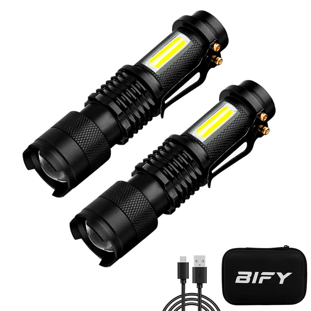 BIFY Tactical Flashlights Rechargeable 3 Modes Zoomable Waterproof COB Sidelight Mini LED Flashlights with Gift Box for Adults and Kids Outdoors Indoors Camping Hiking Party Festival (2 Pieces)