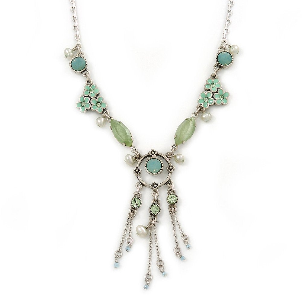 Avalaya Light Green Enamel, Crystal, Floral Tassel Necklace in Silver Tone - 38cm L/ 5cm Ext