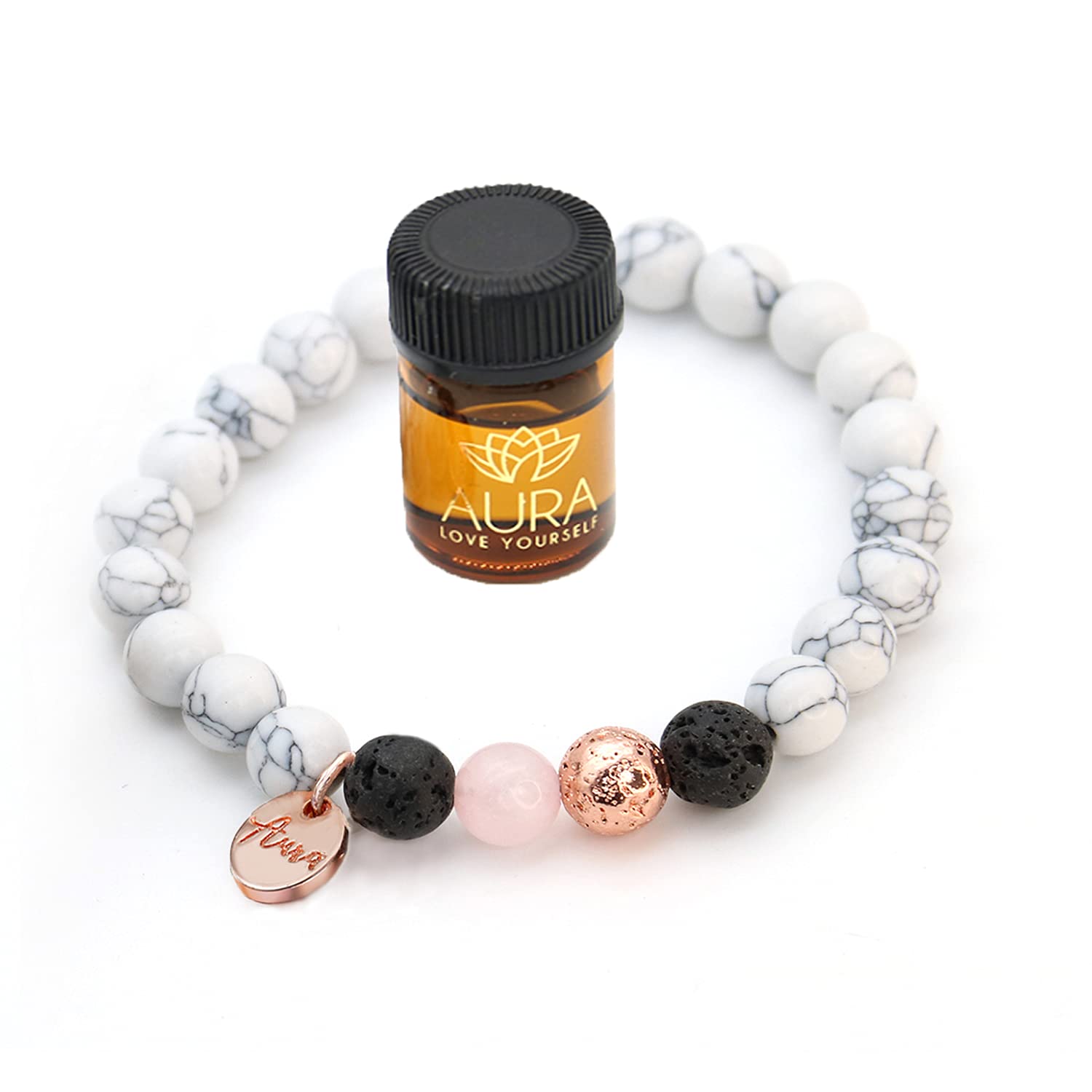 Howlite Bracelet with Rose Quartz, Crystals and Healing Gemstone Jewelry for Anxiety Stress Relief Gifts, Lava Beads - Lava Rock Bracelets for Women Men - White Natural Stone Bracelet Oil Diffuser