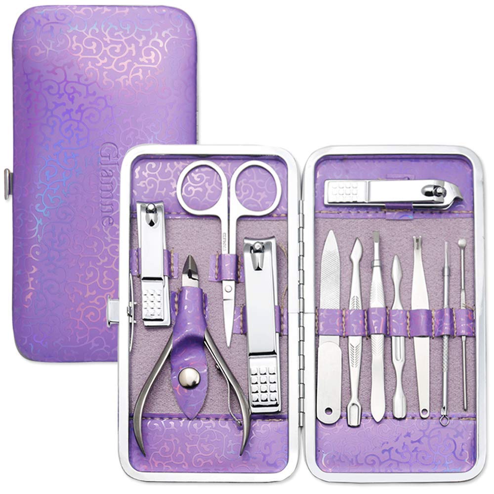 Glamne Manicure Pedicure Set Tools Professional Stainless Steel Nail Care Kits with Holographic Travel Case(Purple)