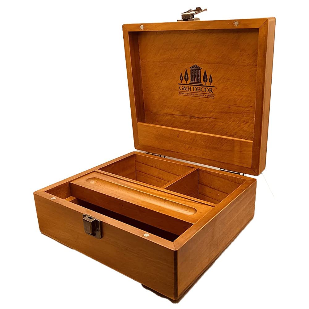 G&H Decor Wooden Smokers Stash Box - Herb Organizer For Smoking Accessories with Tobacco Compartments Paraphernalia and Cigar Storage - Large Airtight Magnetic Box with Antique Latch Discreet Gift