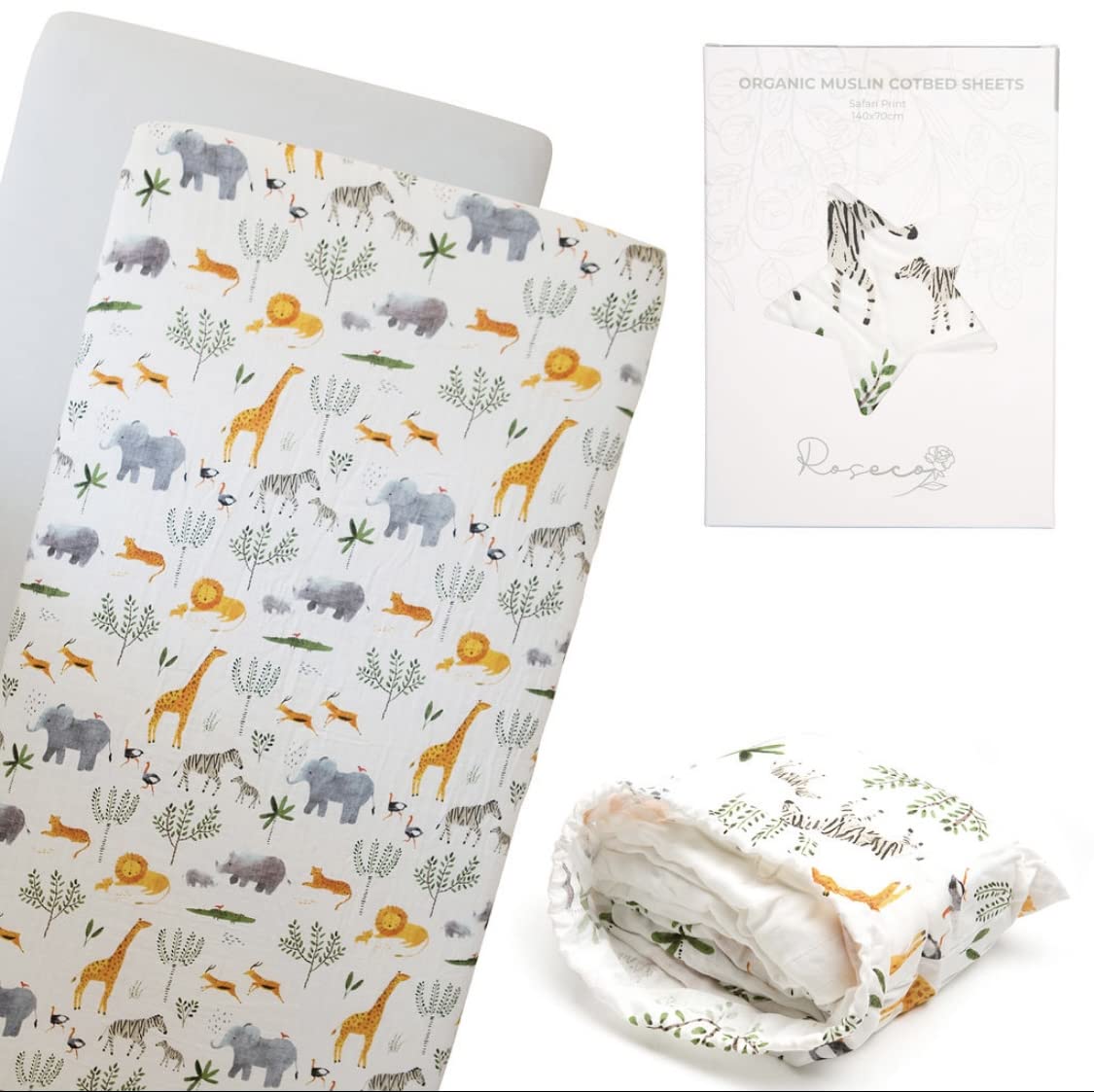 Organic muslin fitted cot bed sheet 140 x 70 super soft safari print and white bedding for babies and toddlers