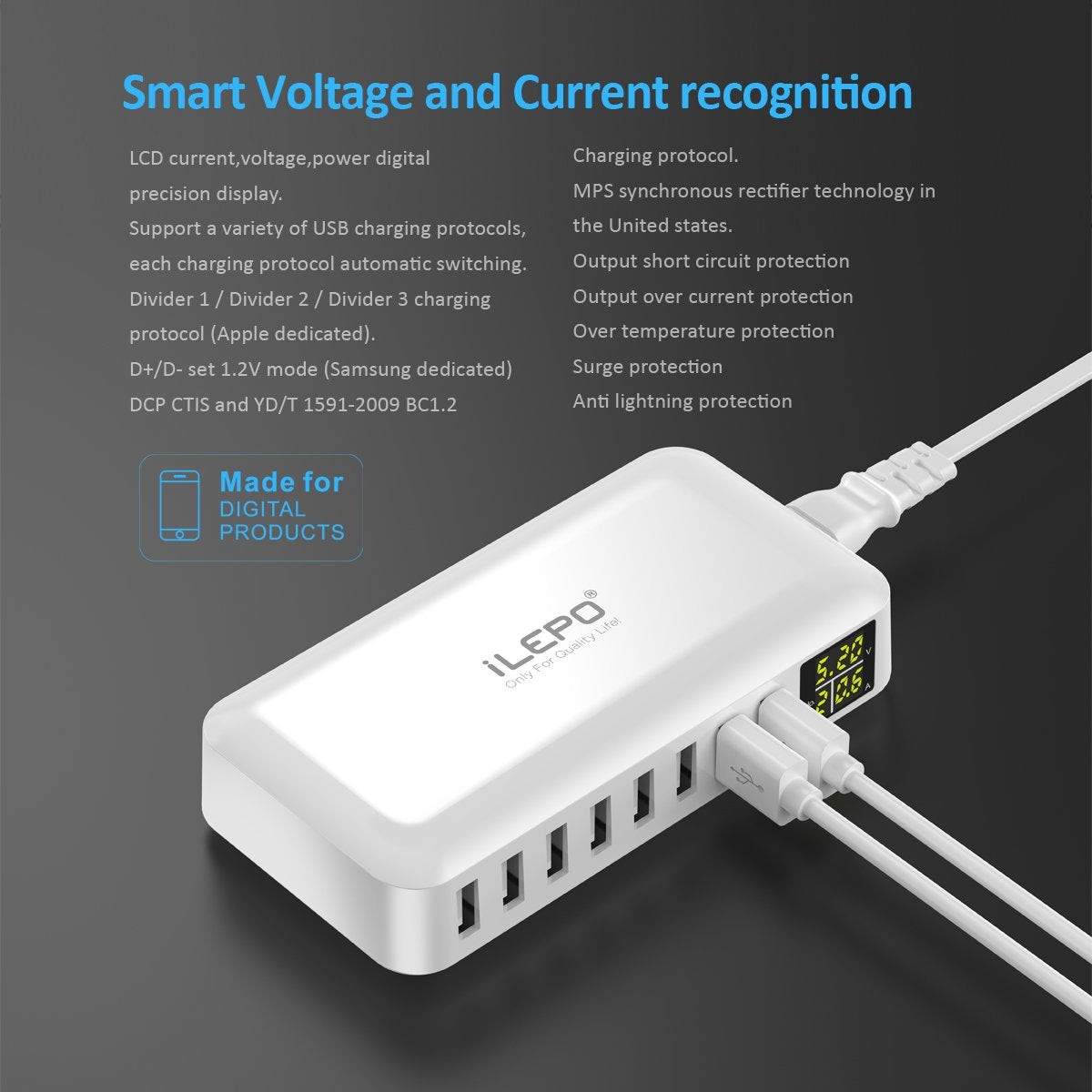 iLepo Smart HUB USB Charging 8-Port Wall Charger with LCD Display 40W MAX 8A Desktop USB Multi-Port Charging Station For iPhone Tablets iPad Samsung HTC [2 Years Warranty]