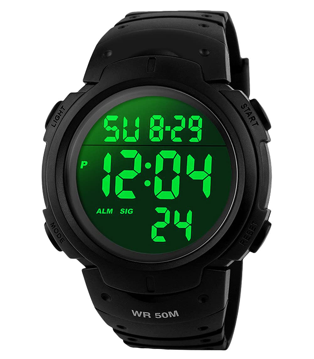 Mens Sports Digital Watches 5 ATM Waterproof Sport Watch with Alarm Black Big Face Running Military Wrist Watch with LED Backlight for Men by RSVOM