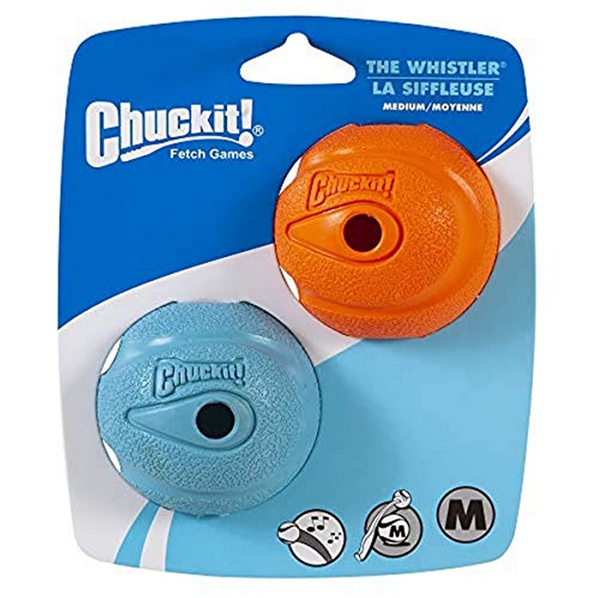 ChuckIt! The Whistler Ball, Durable High Bounce Rubber Dog Ball, Launcher Compatible, Orange & Blue, Medium, 2 Pack