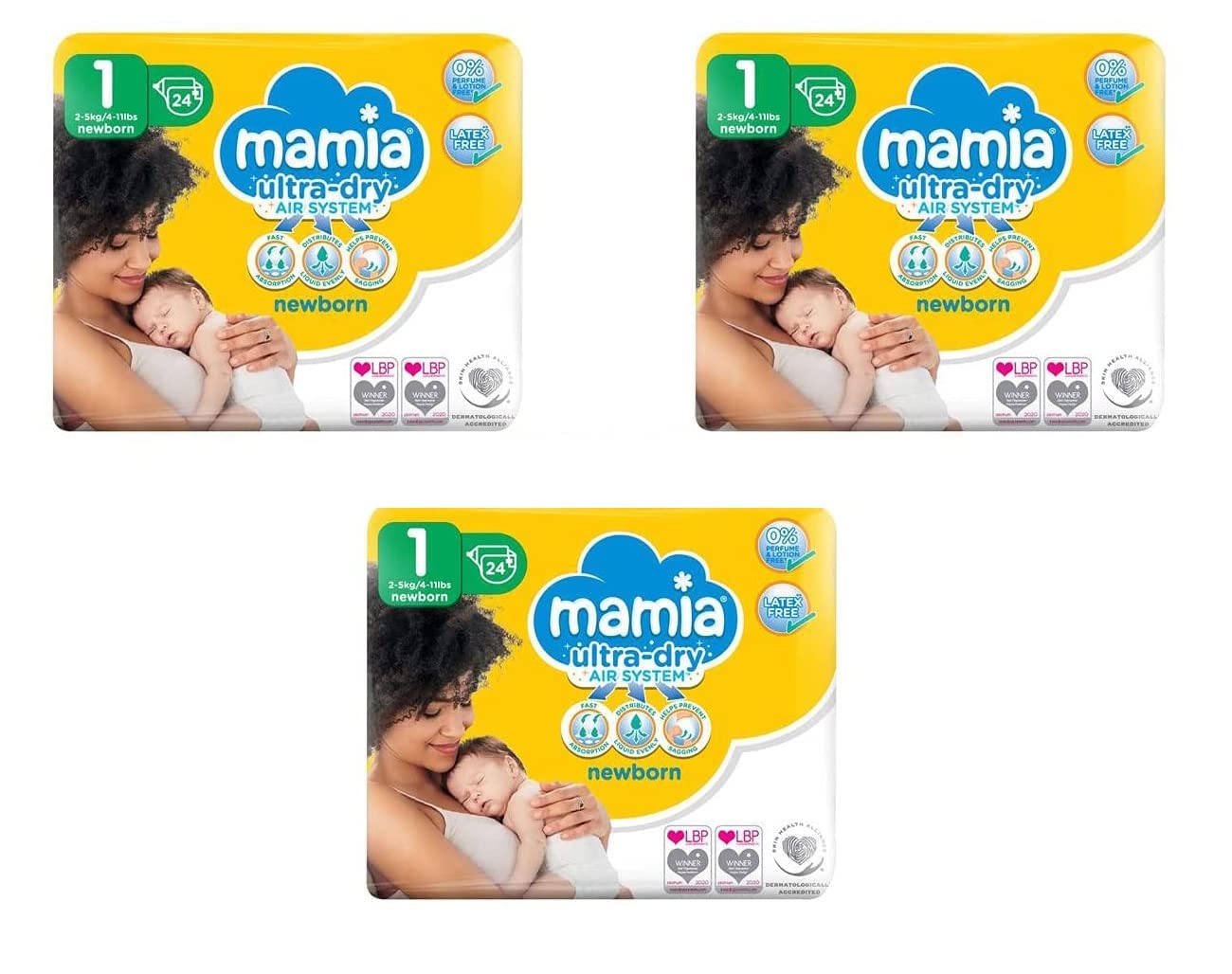 (Pack of 3) Mamia Baby Newborn Nappies, Size 1, 2-5kg, 3 x 24 (72 Nappies)