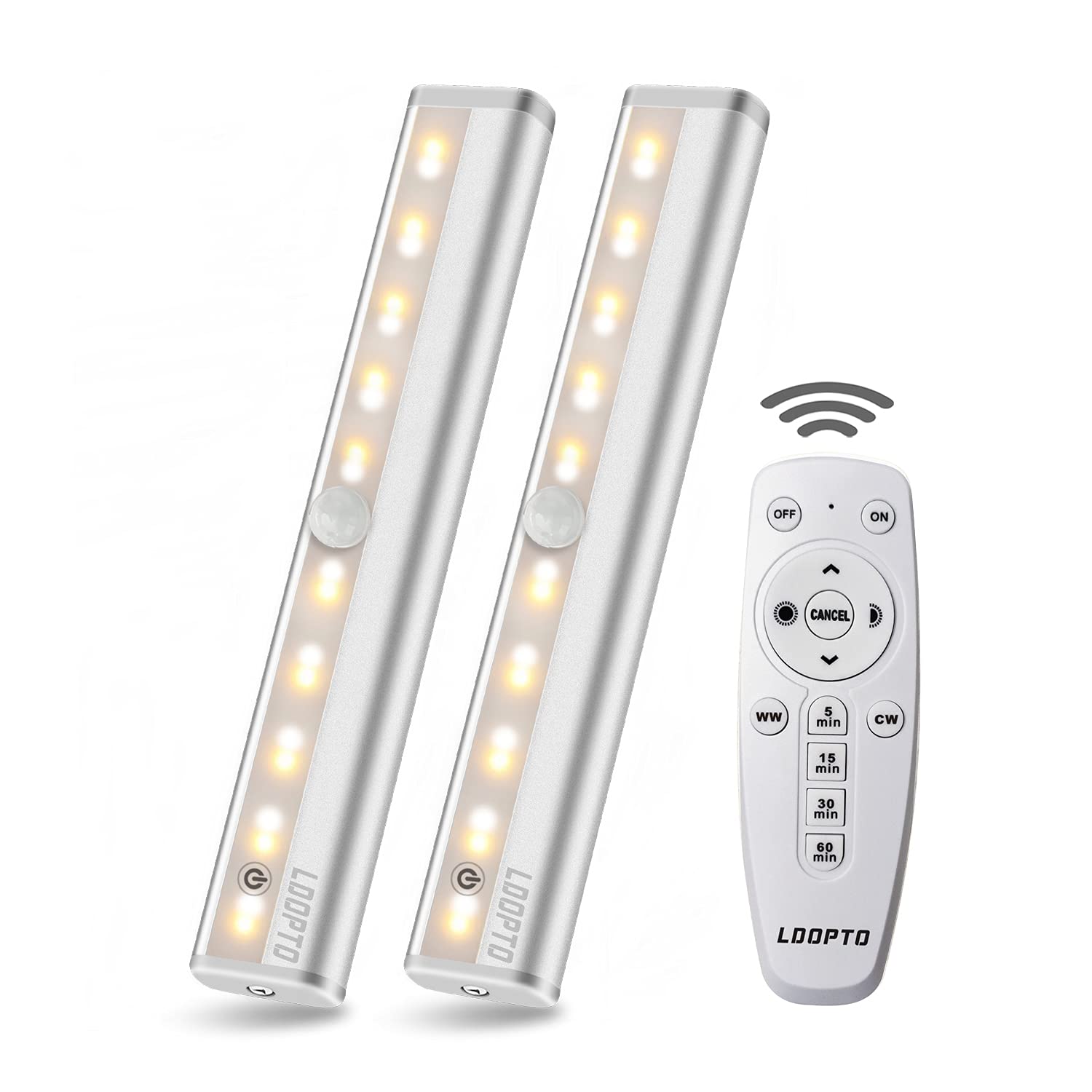 Battery Powered Under Cupboard Kitchen Lights with Remote LDOPTO Wireless Dimmable Wardrobe Closet Lights Night Light with Remote Time Control Built-in Magnet Stick-on Strip, Multiple Colors 2 Pack