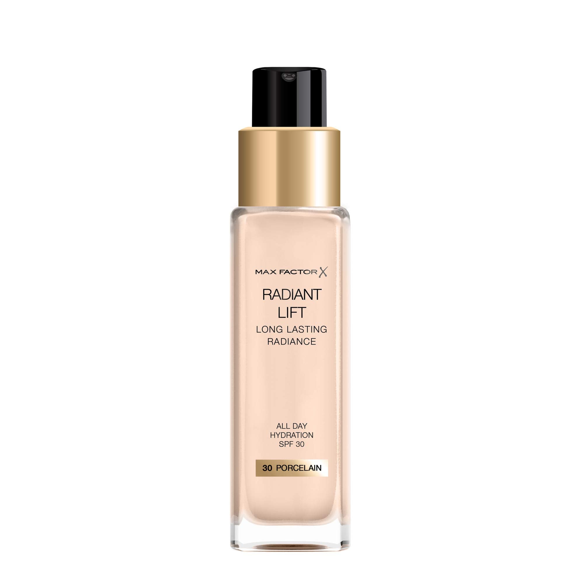 Max Factor Radiant Lift Liquid Pump Medium to Full Coverage Radiant Finish Foundation with SPF30 and Hyaluronic Acid, 030 Porcelain, Light Skin Tone, 30ml