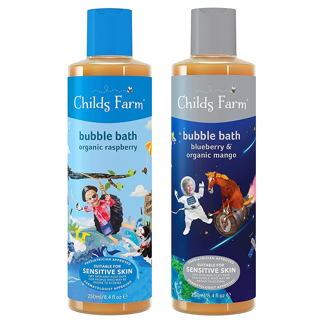 Childs Farm - Organic Raspberry 250ml and Blueberry | Organic Mango 250ml Gently Cleanses and Moisturises Sensitive Skin with Free Children's Bubble Bath Gift Bag