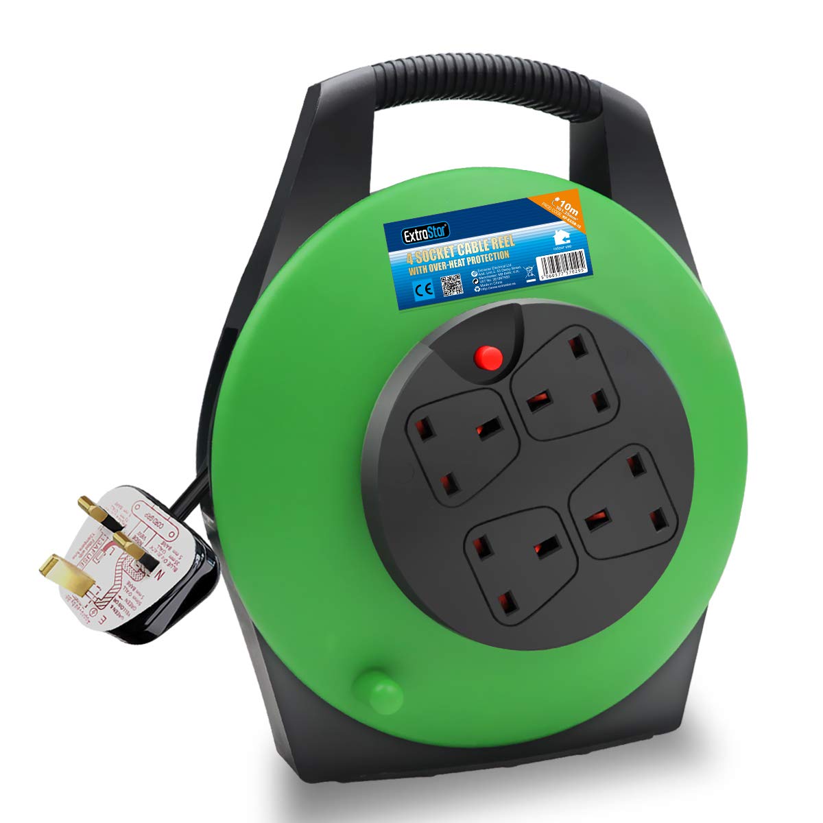 ExtraStar 13A Electrical Extension Reel, 4 Sockets Cable Reel with Winding Handle 1100W/3120W Thermal Cut Out, Heavy-Duty Extension Lead with 10 Metre Extension Cord - Green