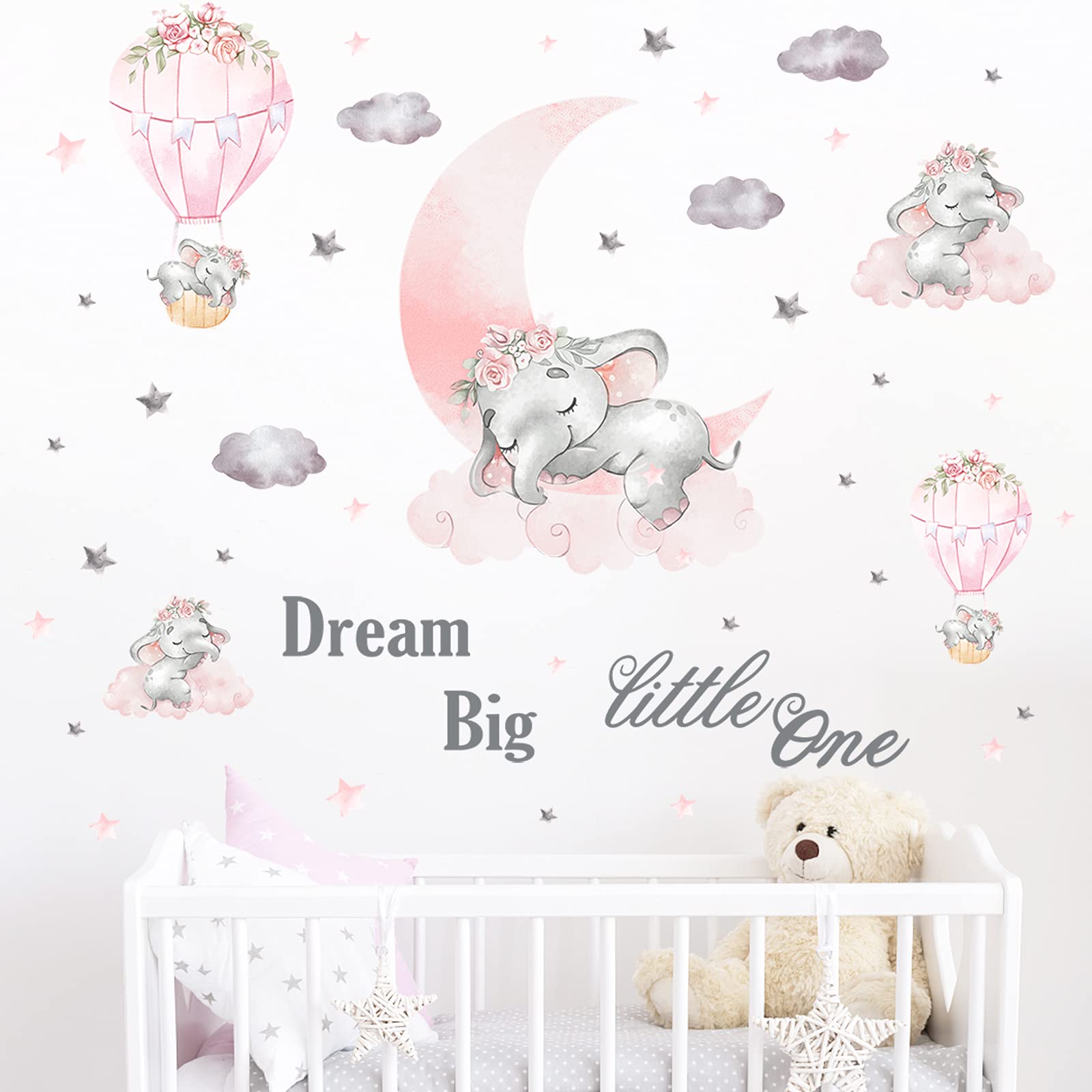 Cute Flying Elephant Wall Decals, JOENCOST Elephant Colorful Balloon Stars and Cloud Wall Stickers, Removable Cartoon Animals DIY Baby Decor Art Mural for Kids Nursery Bedroom Living Room