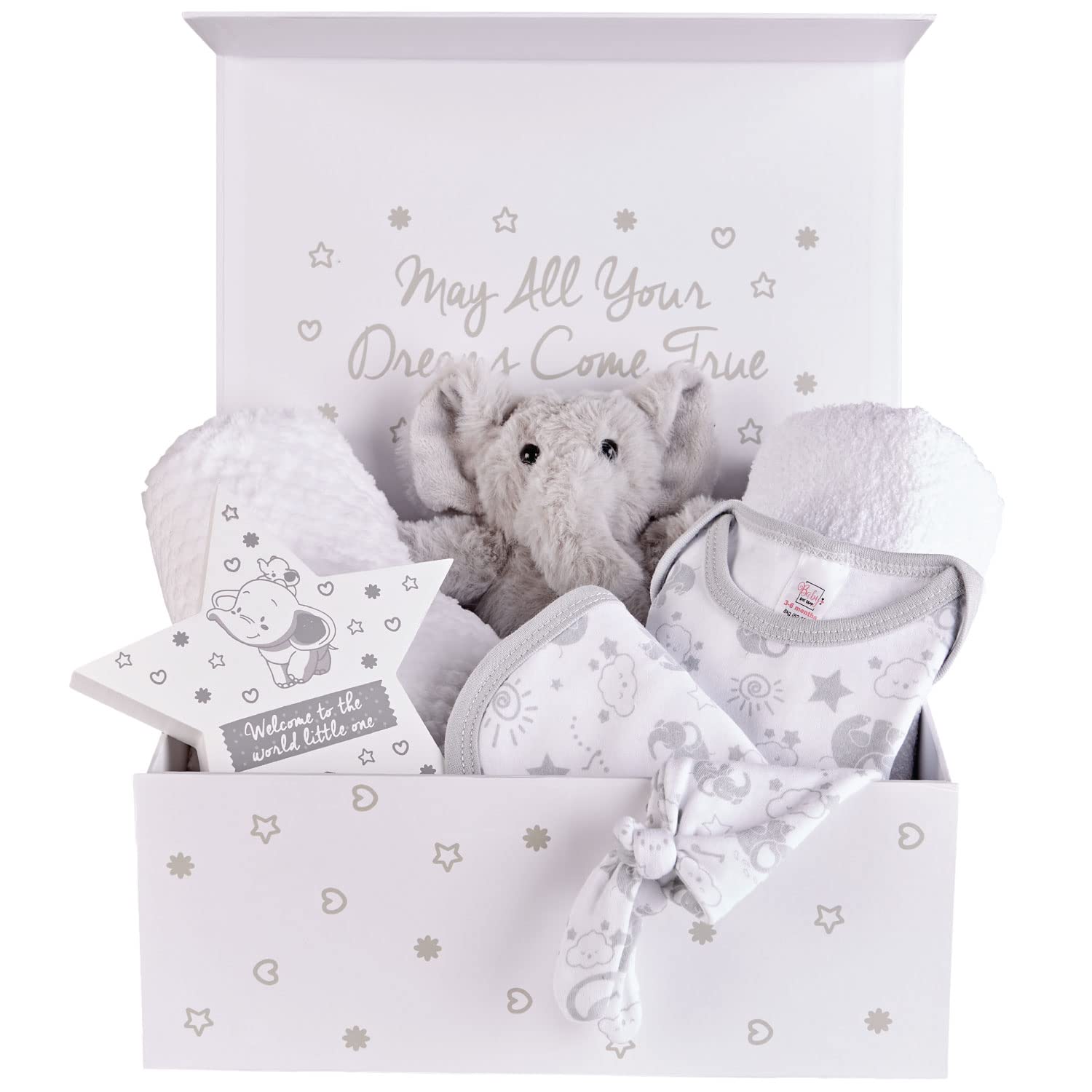 Unisex Baby Gift Set - Unique Magnetic Box That Includes a Wrap Blanket, Hooded Towel, Soft Elephant Toy, Bib and Hat. A Great Shower Gift for New Baby Boys and Girls