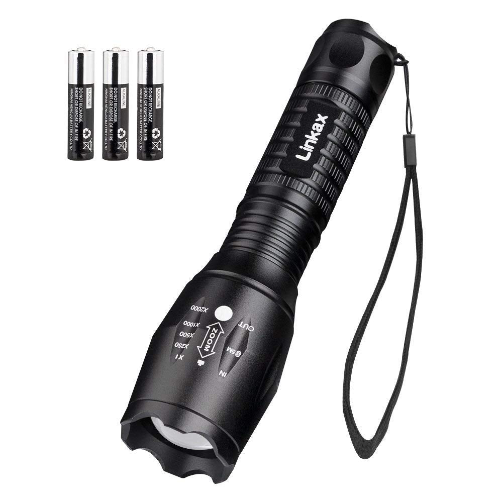 Linkax LED Torch LED Flashlight Adjustable Focus Handheld Flashlight Super Bright 800 Lumens Pocket Torch Zoomable and Waterproof Camping Outdoor Torch 3 x AAA Batteries Included
