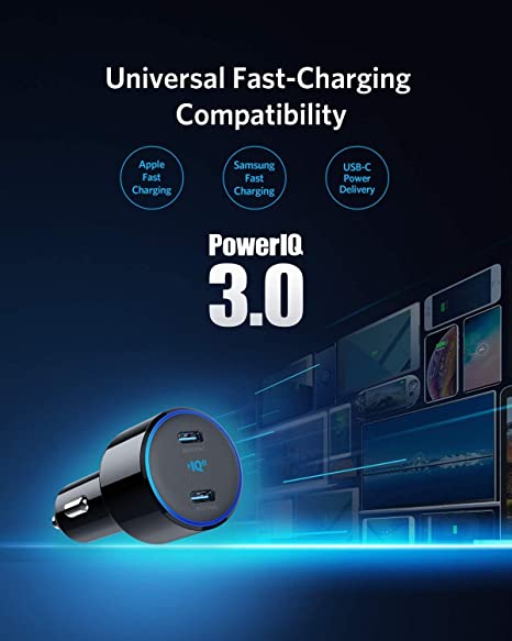 USB C Car Charger, Anker 50W 2-Port PIQ 3.0 Fast Charger Adapter, PowerDrive+ III Duo with Power Delivery for iPhone 13/13 Mini/13 Pro/13 Pro Max/12, Galaxy S10/S9, Note 9, iPad Pro and More
