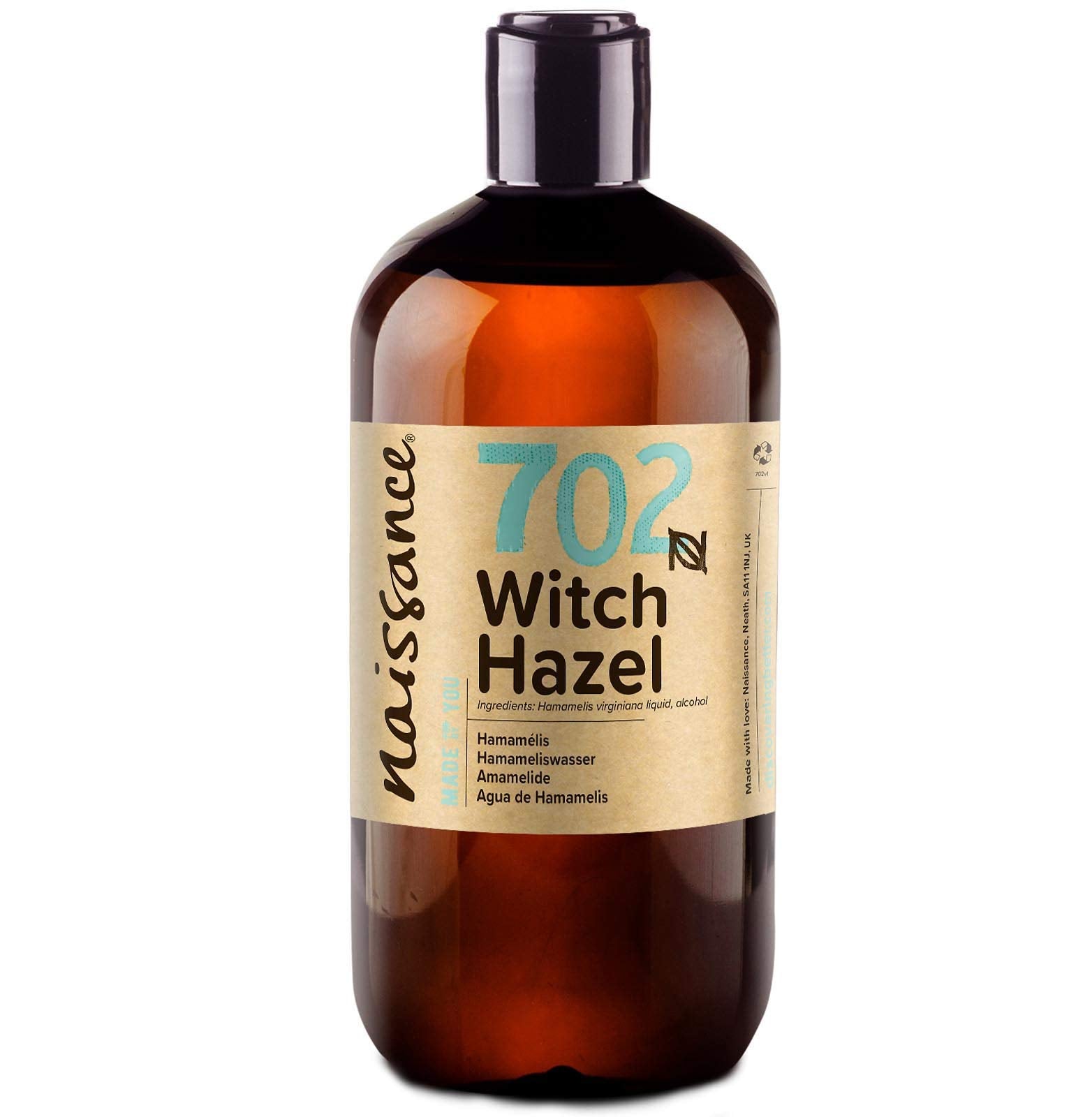 Naissance Distilled Witch Hazel Liquid (no. 702) 500ml - Pure, Natural, Cruelty Free, Vegan - Cleansing & Toning - Ideal for Aromatherapy, Skincare and DIY Beauty Recipes