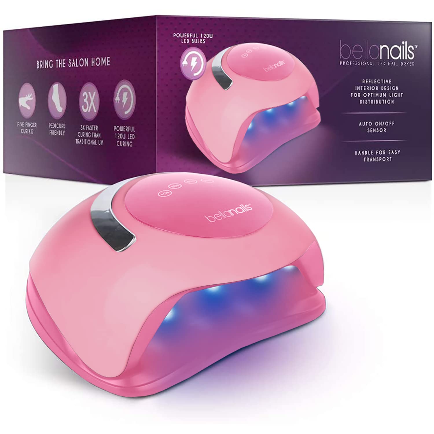 BELLANAILS Professional LED Nail Lamp for Home or Salon Use, 3X Faster Than Traditional UV Nail Dryers, 4 Time Presets, 120 W (Pink)