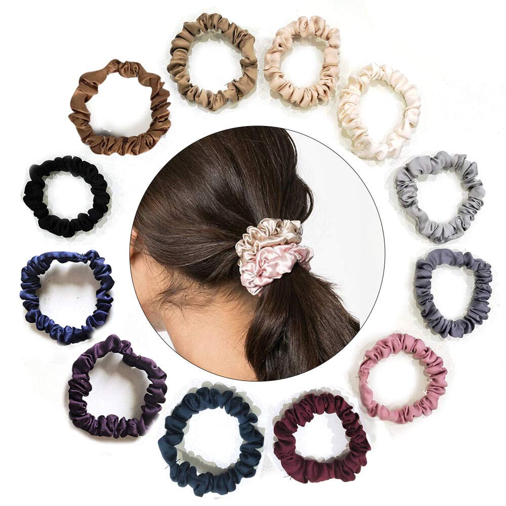 Uni-Fine 12Colours Satin Scrunchies, Strong Elastic Satin/Silk Small Scrunchies Solid Color Traceless Hair Scrunchies for Thick/Thin Hair, Non-slip Ponytail Holder Bands Set for Women Girls Gift