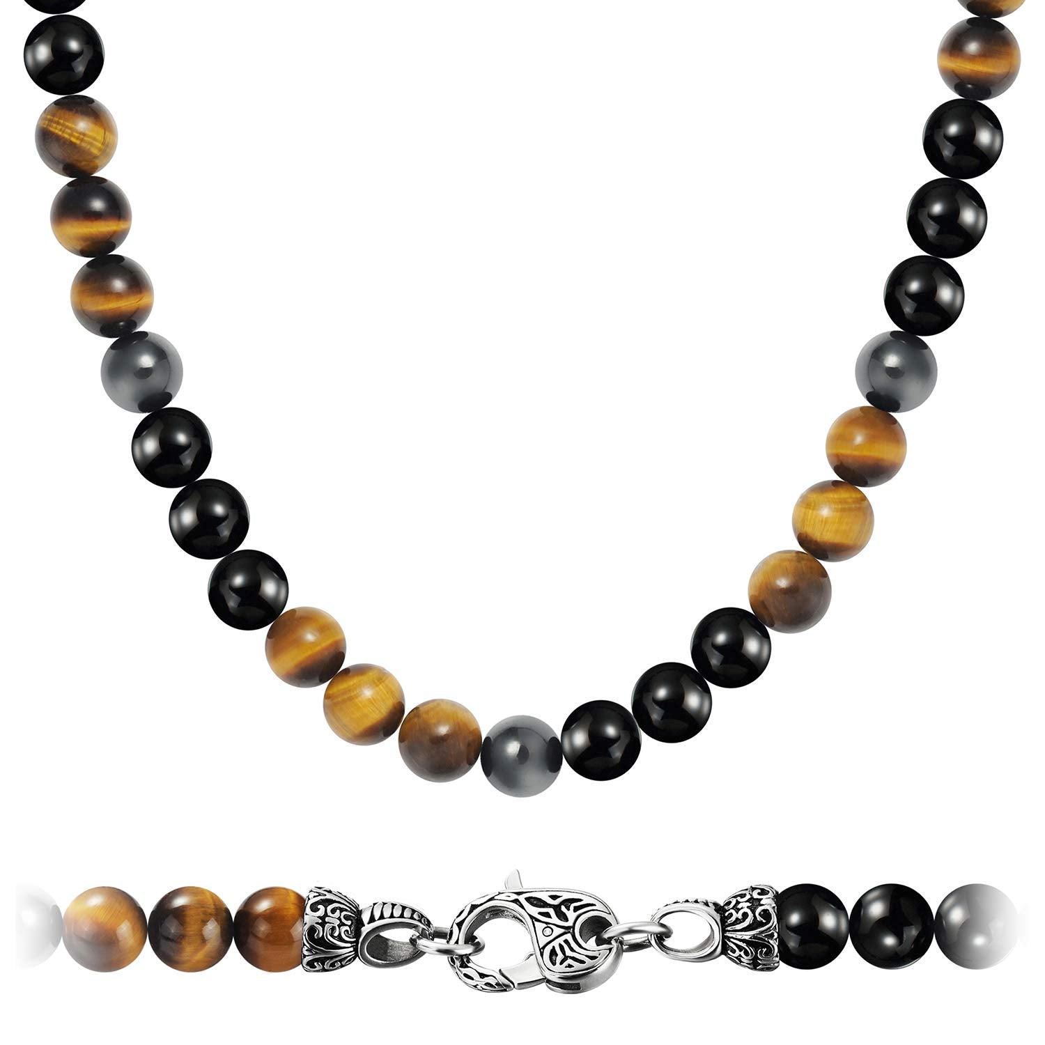 MASARWA Mens Magnetic Hematite Tigers Eye Onyx Beads Beaded Necklace Chain Natural Gemstones Healing Crystal Jewellery 50/60cm