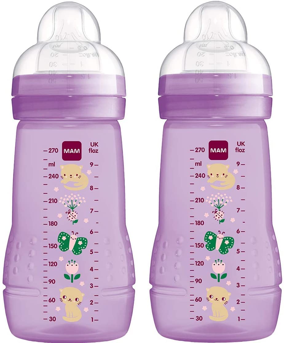 MAM Easy Active Baby Bottle with Medium Flow MAM Teats Size 2, Twin Pack of Baby Bottles, Baby Feeding, 270 ml, Purple (Designs May Vary)