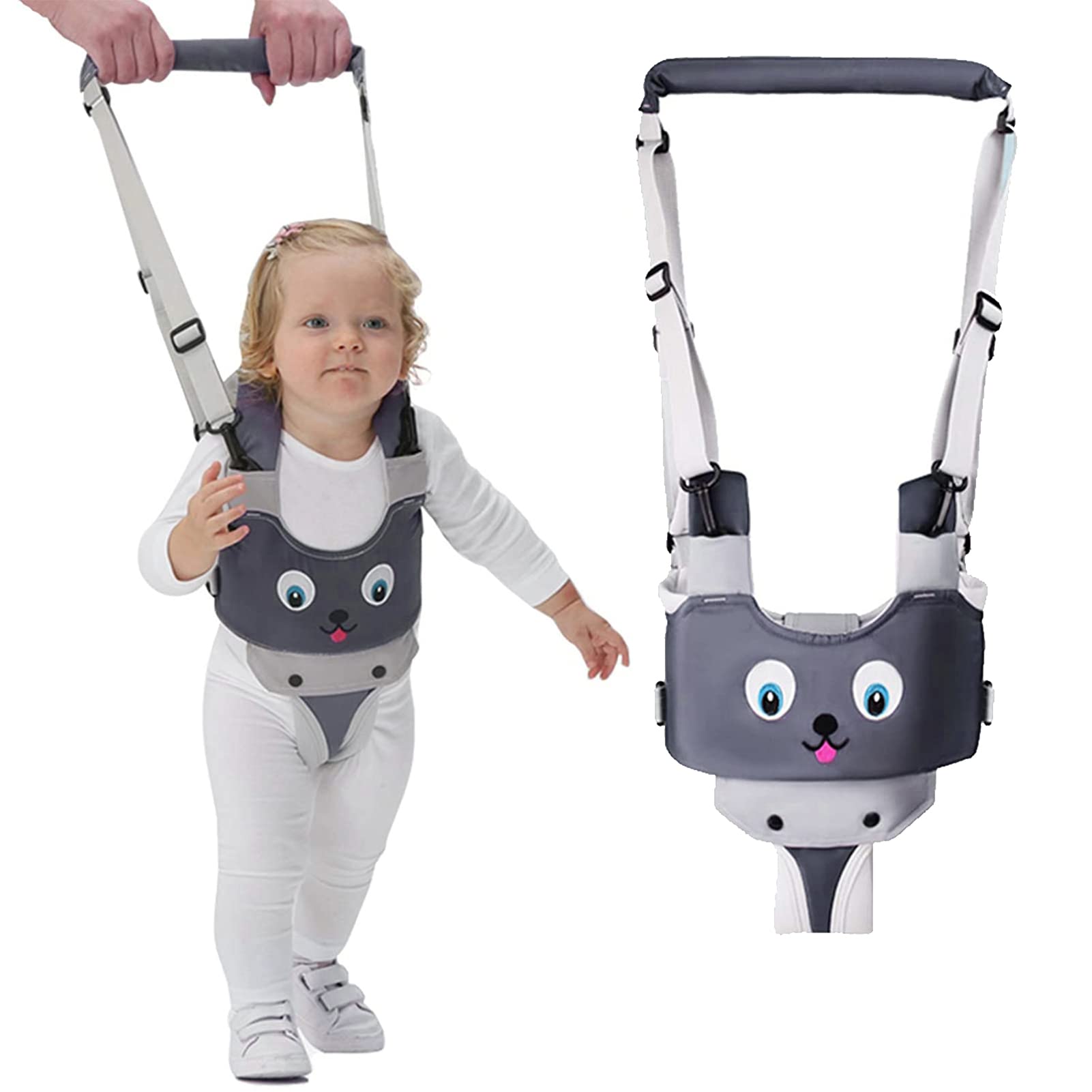 IULONEE Baby Walking Harness Handle Adjustable Toddler Walking Assistant Child Hand Held Standing Up and Walking Learning Helper Infant Walking Belt Reins Kids Safety Harness 7-24 Month (Grey)