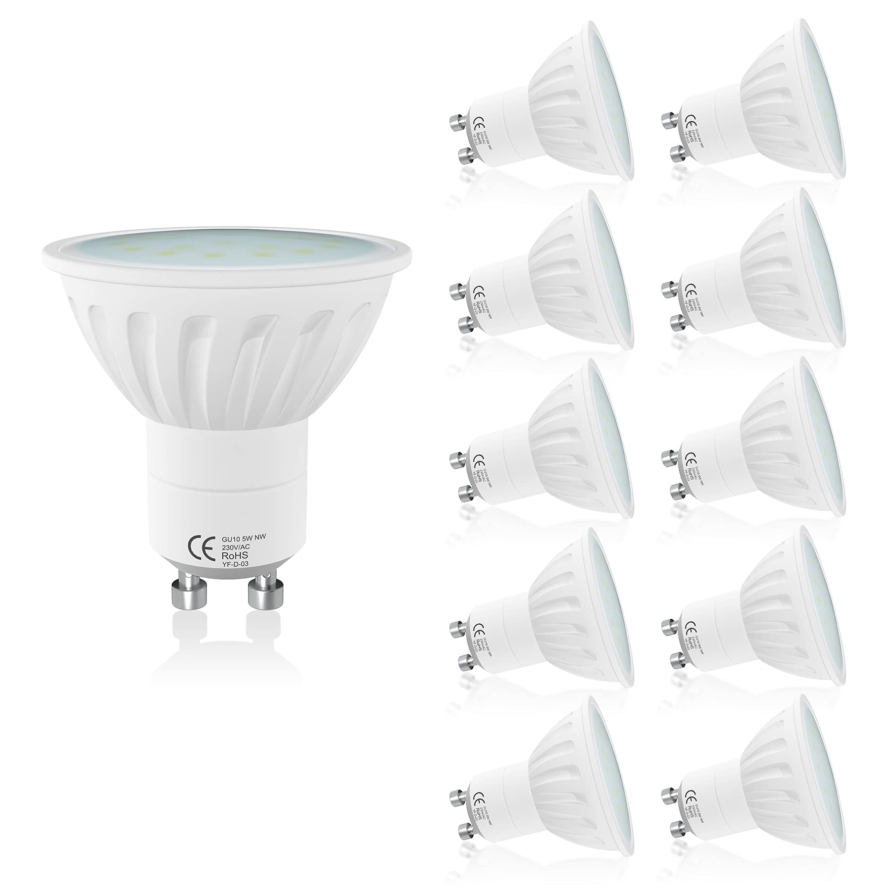 LAMPAOUS GU10 LED Bulbs Cool White 5W, 50W GU10 Halogen Bulbs Replacement, 120° Beam Angle LED GU10 Spot Lights for Ceiling, 220V AC Bright White Daylight LED Light Bulbs, 90% Energy Saving, 10 Pack