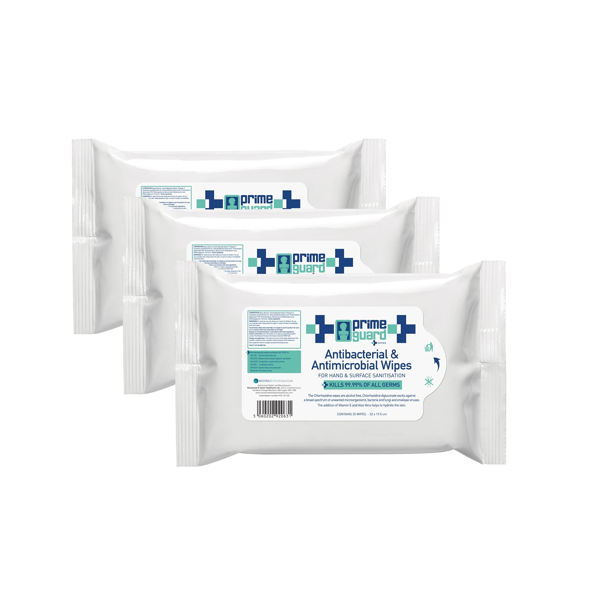 Antibacterial Multipurpose Alcohol-Free Wipes – Prime Guard Antimicrobial Antiviral. Cleaning, Disinfecting Hands and Surfaces. Kills 99.99% of Germs. Dermatologically Tested. 3 Packs of 25 Wipes