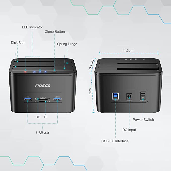 FIDECO Docking Station, USB 3.0 Hard Drive Docking Station for 2.5 and 3.5 inch SATA HDD or SSD, Support Offline Clone, TF & SD Card Reader, and 2x 18TB Hard Drives