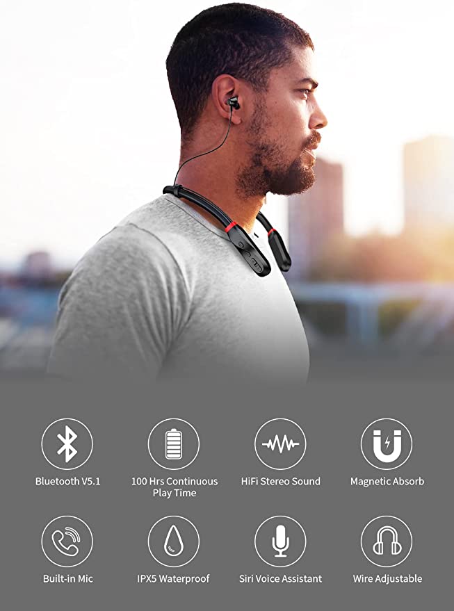 Wireless Bluetooth Earphones Neckband Headphones: 100H Ultra-Long Playing Time Bluetooth V5.1 Earbuds with Superior Stereo Sound & Clear Calls Microphone for Work Study Sport Travel | IPX5 Waterproof